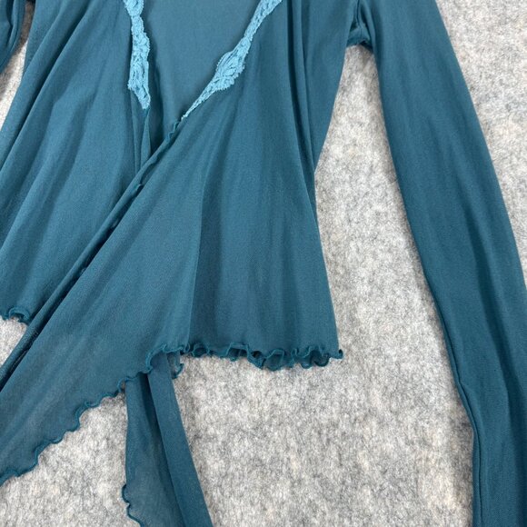 Vintage Y2K Only Hearts Top Lace Trim Blue Wrap Long Sleeve Size P/S - Picture 7 of 11